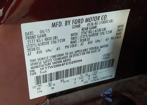 2015 Ford F-250 Lariat z USA, uszkodzony, nr VIN 1FT7W2B64FED29094